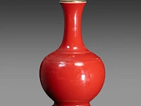 A chinese monochrome coral-red glazed bottle vase, with a qianlong mark, fixed with lamp mounts, total h 44 cm - afbeelding 3 van  6