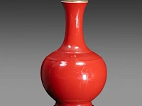 A chinese monochrome coral-red glazed bottle vase, with a qianlong mark, fixed with lamp mounts, total h 44 cm - afbeelding 4 van  6