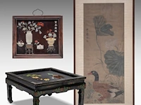 A chinese 'one hundred treasures' wooden panel inset with carved minerals, qing - and a table, republic period - added a painting, qing dynasty
