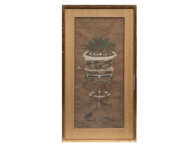 A chinese painting, 'an auspicious potted plant', colour on paper, signed, qing dynasty, framed 58,5 x 109,5 cm - afbeelding 2 van  6