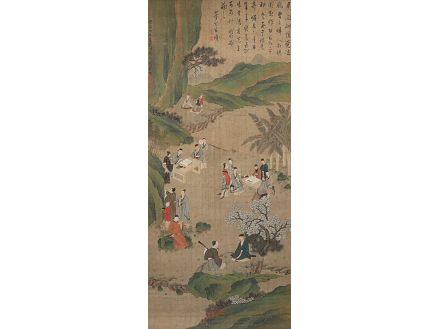A chinese painting, 'elegant gathering in the western garden', colour on silk, signed and seal stamped, 19thc, framed 74,5 x 141 cm - afbeelding 1 van  5