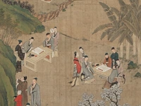 A chinese painting, 'elegant gathering in the western garden', colour on silk, signed and seal stamped, 19thc, framed 74,5 x 141 cm