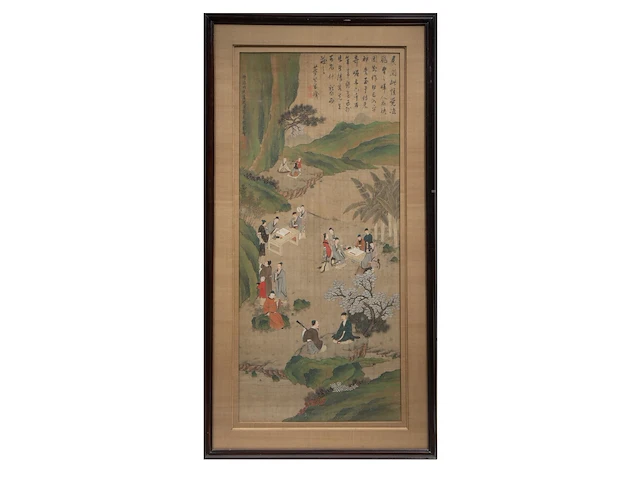 A chinese painting, 'elegant gathering in the western garden', colour on silk, signed and seal stamped, 19thc, framed 74,5 x 141 cm - afbeelding 2 van  5