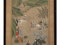 A chinese painting, 'elegant gathering in the western garden', colour on silk, signed and seal stamped, 19thc, framed 74,5 x 141 cm - afbeelding 2 van  5