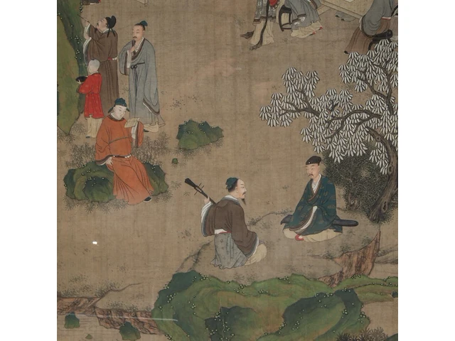 A chinese painting, 'elegant gathering in the western garden', colour on silk, signed and seal stamped, 19thc, framed 74,5 x 141 cm - afbeelding 4 van  5