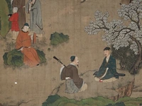 A chinese painting, 'elegant gathering in the western garden', colour on silk, signed and seal stamped, 19thc, framed 74,5 x 141 cm - afbeelding 4 van  5