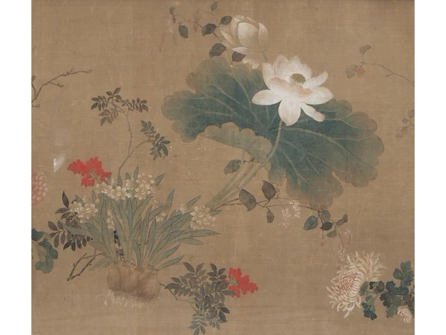 A chinese painting, 'flower garden', colour on silk, late 19thc, 92 x 88,5 cm - afbeelding 1 van  6
