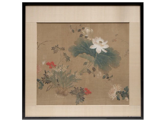 A chinese painting, 'flower garden', colour on silk, late 19thc, 92 x 88,5 cm - afbeelding 2 van  6