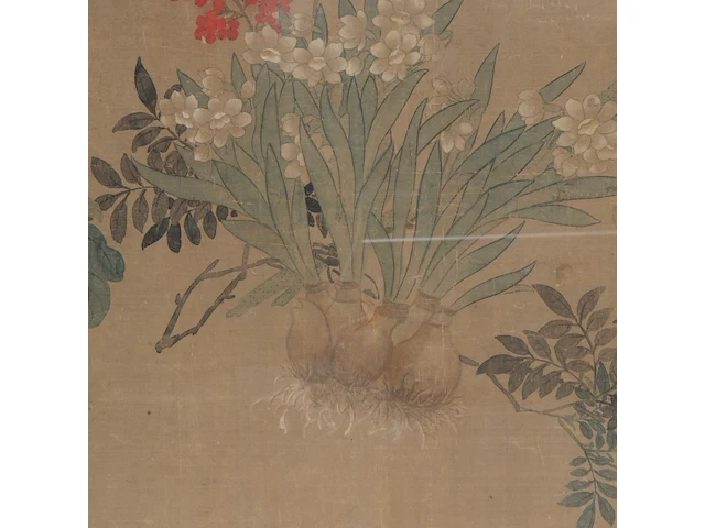 A chinese painting, 'flower garden', colour on silk, late 19thc, 92 x 88,5 cm - afbeelding 4 van  6