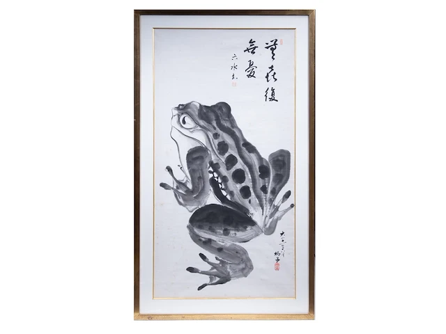 A chinese painting, 'frog', ink on paper, signed qi baishi (after), 20thc, framed 98 x 167,5 cm - afbeelding 2 van  5