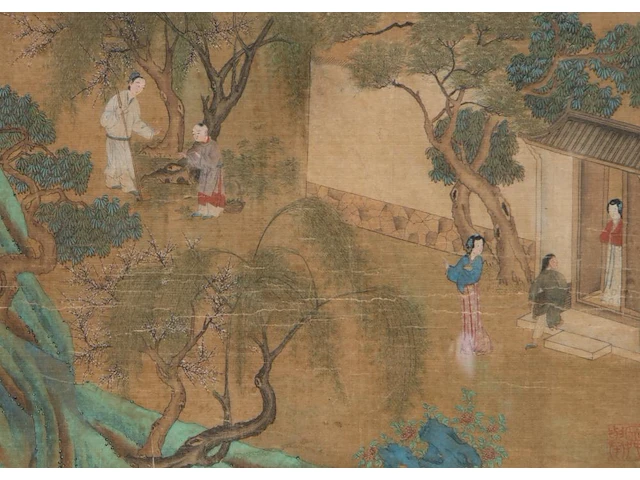 A chinese painting, presumably a scene from 'classic of filial piety', colour on silk, seal stamped, qing dynasty (18thc), framed 44,5 x 55 cm - afbeelding 1 van  5