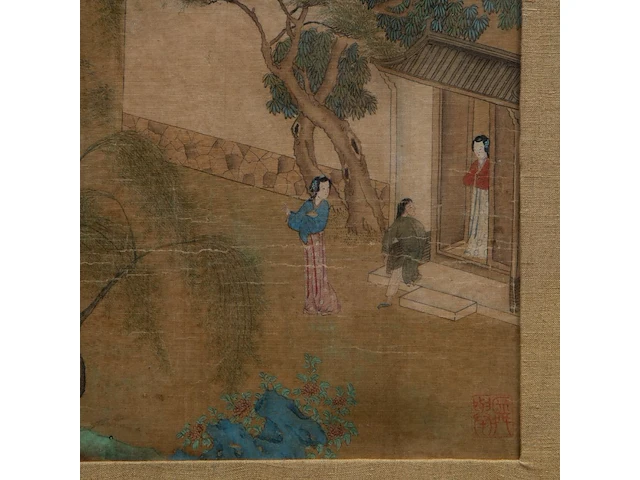 A chinese painting, presumably a scene from 'classic of filial piety', colour on silk, seal stamped, qing dynasty (18thc), framed 44,5 x 55 cm - afbeelding 4 van  5