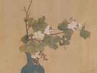 A chinese painting, 'prunus in a blue dragon vase', colour on silk, signed 'wang lan', qing dynasty, framed 88 x 49,5 cm