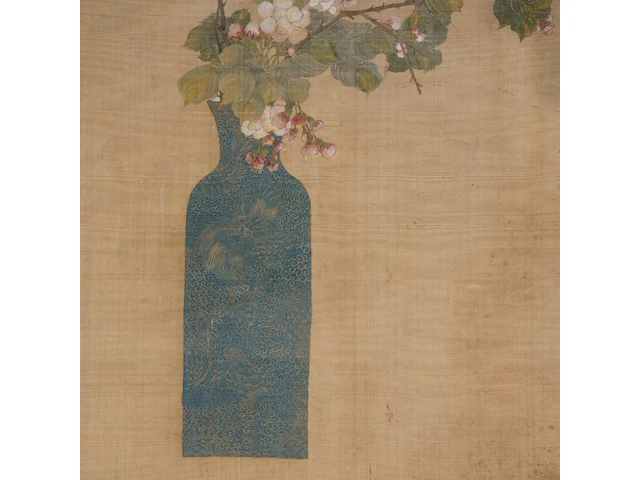 A chinese painting, 'prunus in a blue dragon vase', colour on silk, signed 'wang lan', qing dynasty, framed 88 x 49,5 cm - afbeelding 4 van  5