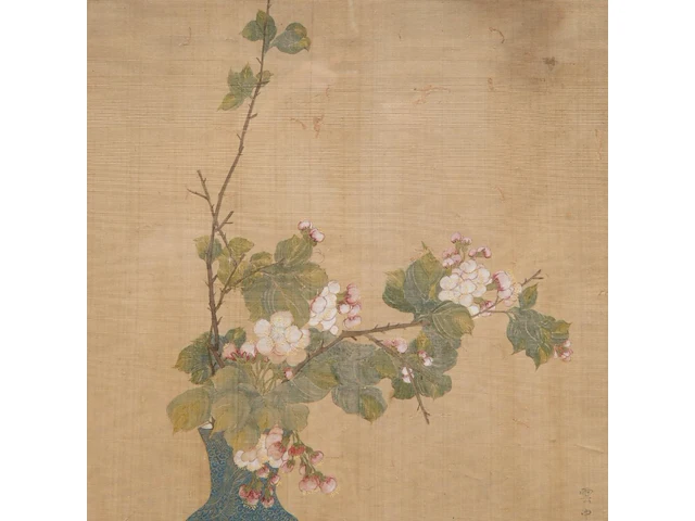 A chinese painting, 'prunus in a blue dragon vase', colour on silk, signed 'wang lan', qing dynasty, framed 88 x 49,5 cm - afbeelding 5 van  5