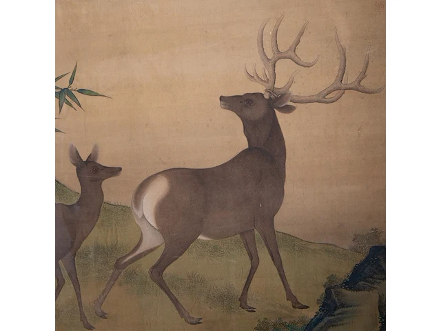 A chinese painting, 'the auspicious deer of fortune', colour on silk, dated kangxi and of the period (17thc), framed 122 x 192,5 cm - afbeelding 5 van  6