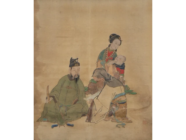 A chinese painting, 'the dignitary with lady and child', colour on silk, seal stamps, late 19thc/early 20thc, framed 79 x 104 cm - afbeelding 1 van  5