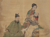 A chinese painting, 'the dignitary with lady and child', colour on silk, seal stamps, late 19thc/early 20thc, framed 79 x 104 cm
