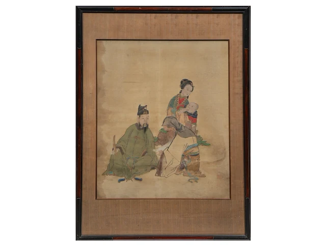 A chinese painting, 'the dignitary with lady and child', colour on silk, seal stamps, late 19thc/early 20thc, framed 79 x 104 cm - afbeelding 2 van  5
