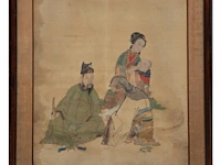 A chinese painting, 'the dignitary with lady and child', colour on silk, seal stamps, late 19thc/early 20thc, framed 79 x 104 cm - afbeelding 2 van  5