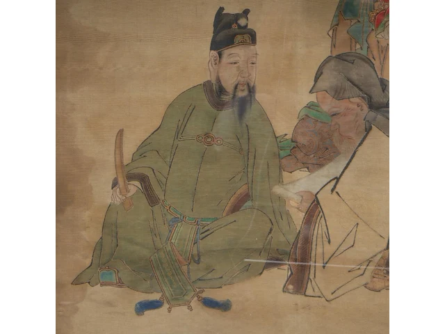 A chinese painting, 'the dignitary with lady and child', colour on silk, seal stamps, late 19thc/early 20thc, framed 79 x 104 cm - afbeelding 4 van  5