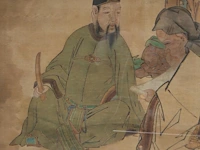 A chinese painting, 'the dignitary with lady and child', colour on silk, seal stamps, late 19thc/early 20thc, framed 79 x 104 cm - afbeelding 4 van  5
