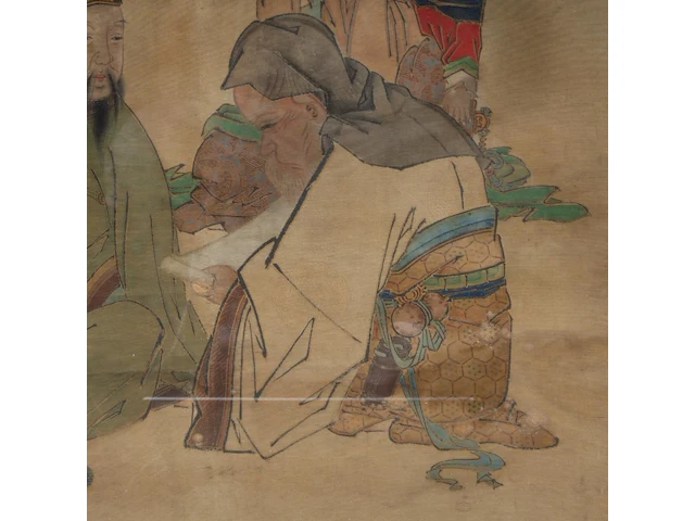 A chinese painting, 'the dignitary with lady and child', colour on silk, seal stamps, late 19thc/early 20thc, framed 79 x 104 cm - afbeelding 5 van  5