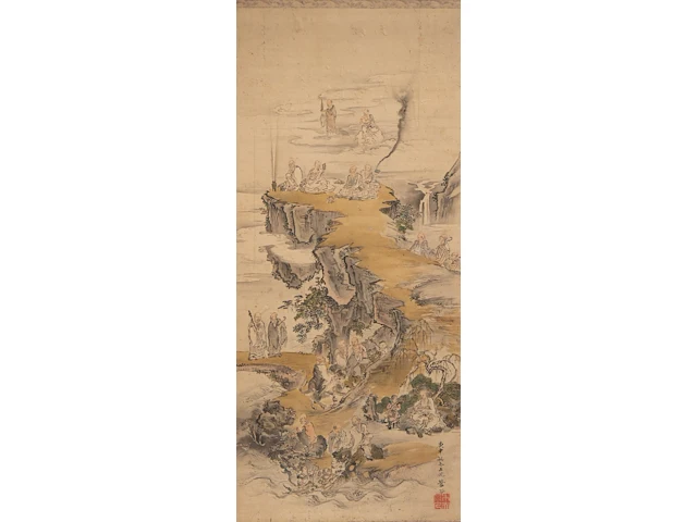 A chinese painting, 'the eighteen luohan', colour on silk, signed and seal stamped, republic period, framed 61 x 118 cm - afbeelding 1 van  6