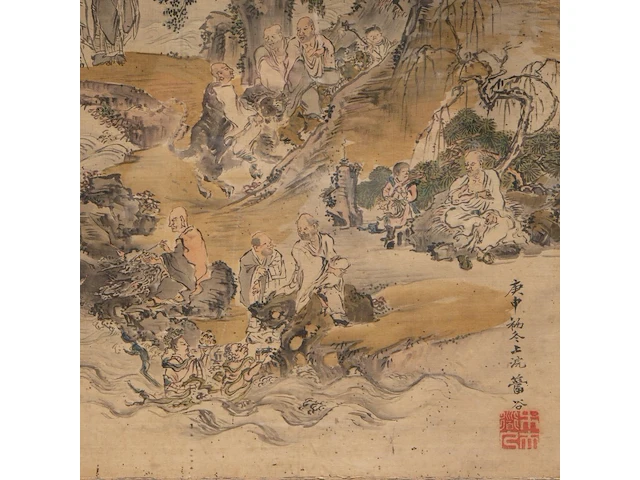 A chinese painting, 'the eighteen luohan', colour on silk, signed and seal stamped, republic period, framed 61 x 118 cm - afbeelding 4 van  6