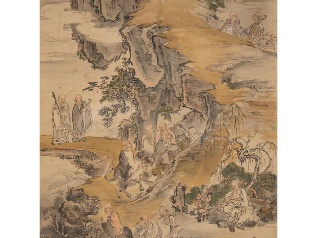 A chinese painting, 'the eighteen luohan', colour on silk, signed and seal stamped, republic period, framed 61 x 118 cm - afbeelding 5 van  6