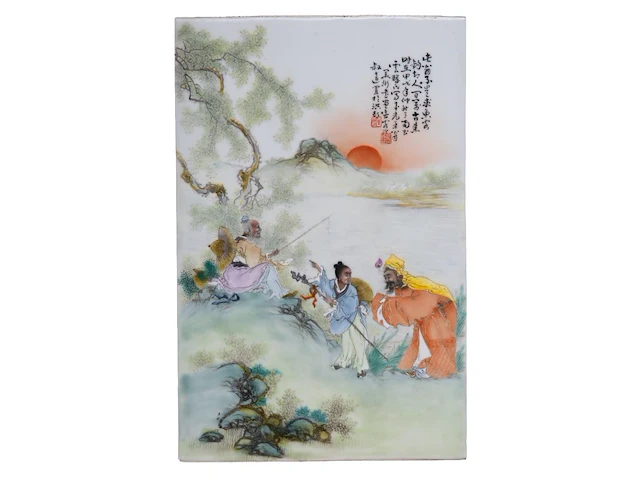 A chinese polychrome enamelled 'seeking the sage at the wei river' plaque, signature reading wang qi, 25,5 x 39 cm - afbeelding 1 van  4