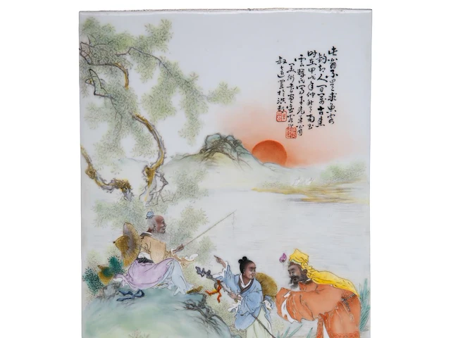 A chinese polychrome enamelled 'seeking the sage at the wei river' plaque, signature reading wang qi, 25,5 x 39 cm - afbeelding 3 van  4
