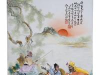 A chinese polychrome enamelled 'seeking the sage at the wei river' plaque, signature reading wang qi, 25,5 x 39 cm - afbeelding 3 van  4