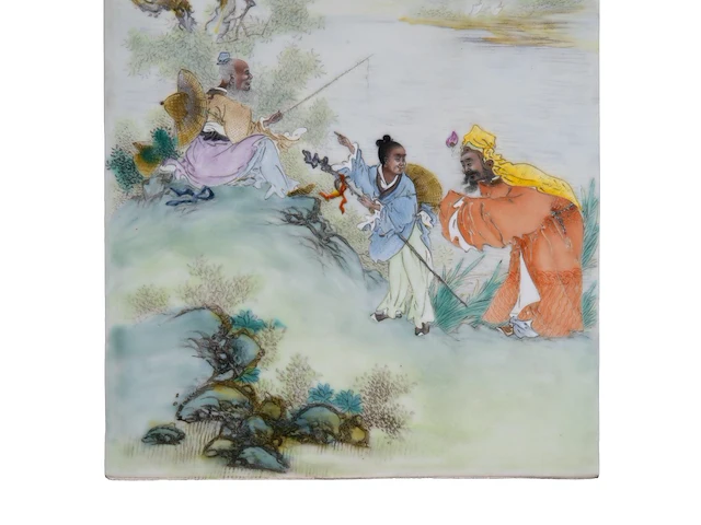 A chinese polychrome enamelled 'seeking the sage at the wei river' plaque, signature reading wang qi, 25,5 x 39 cm - afbeelding 4 van  4