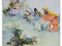 A chinese polychrome enamelled 'seeking the sage at the wei river' plaque, signature reading wang qi, 25,5 x 39 cm - afbeelding 4 van  4