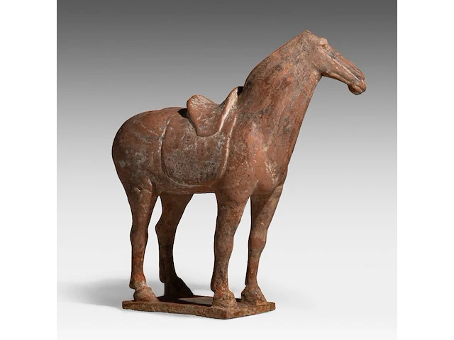 A chinese pottery figure of a horse, tang dynasty, h 31,5 - l 28,5 cm (+) - afbeelding 6 van  10