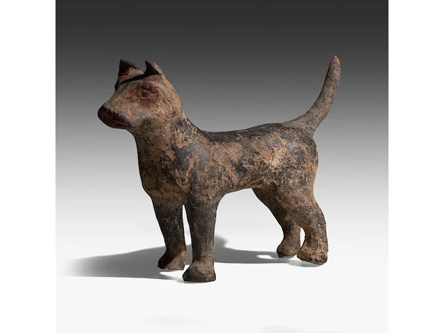 A chinese pottery figure of a standing dog, han dynasty, h 20,5 - l 30,5 cm (+) - afbeelding 1 van  10