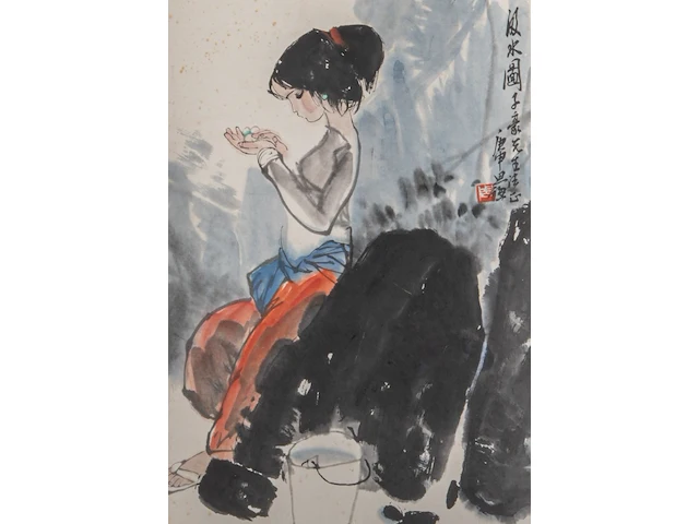 A chinese scroll painting, 'a young girl', signature reading liu danzhai, 45,5 x 67,5 cm - afbeelding 1 van  5