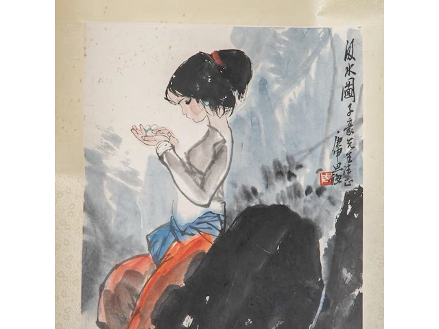 A chinese scroll painting, 'a young girl', signature reading liu danzhai, 45,5 x 67,5 cm - afbeelding 4 van  5