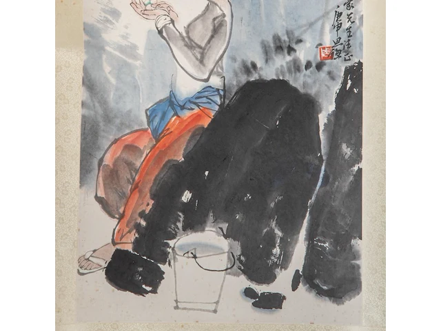 A chinese scroll painting, 'a young girl', signature reading liu danzhai, 45,5 x 67,5 cm - afbeelding 5 van  5