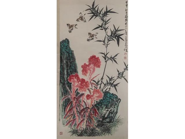 A chinese scroll painting, 'birds and flower garden', signed sun qifeng, 136 x 69 cm - afbeelding 1 van  4