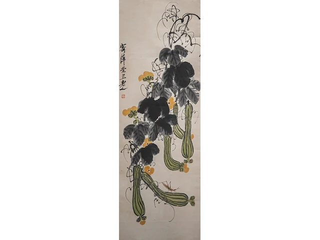 A chinese scroll painting, 'gourd vines', seal stamped 'qi bai shi', 34,5 x 100 cm - afbeelding 1 van  5