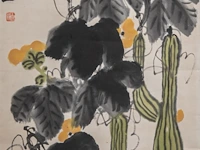 A chinese scroll painting, 'gourd vines', seal stamped 'qi bai shi', 34,5 x 100 cm