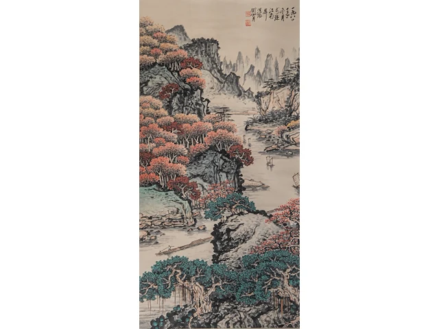 A chinese scroll painting, 'mountainous river landscape', signature reading 'shanyue guan', 67,7 x 136,5 cm - afbeelding 1 van  7
