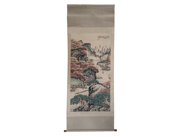 A chinese scroll painting, 'mountainous river landscape', signature reading 'shanyue guan', 67,7 x 136,5 cm - afbeelding 2 van  7