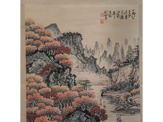 A chinese scroll painting, 'mountainous river landscape', signature reading 'shanyue guan', 67,7 x 136,5 cm - afbeelding 4 van  7