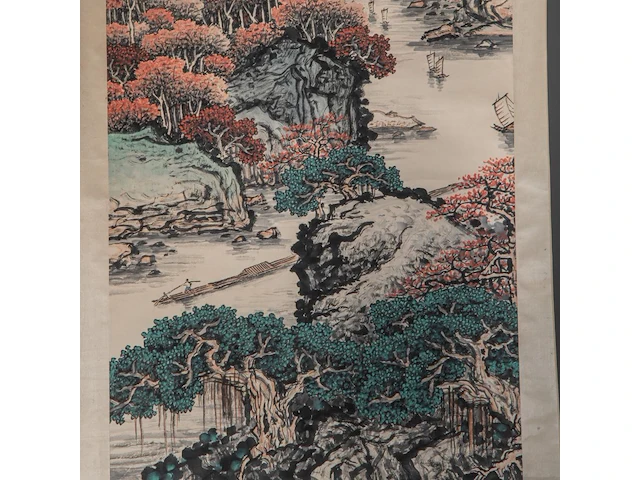 A chinese scroll painting, 'mountainous river landscape', signature reading 'shanyue guan', 67,7 x 136,5 cm - afbeelding 6 van  7