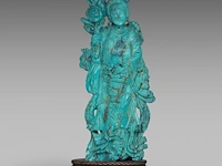 A chinese turquoise carving of a female immortal, fixed on a wooden base, total h 31,5 cm - total weight about 1270g