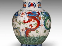 A chinese wucai 'dragons' begonia-shaped vase, with a jiaqing mark, republic period, h 33 cm