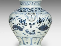 A chinese yuan blue and white 'lotus pond' jar, paired with lion handles, h 26,5 cm